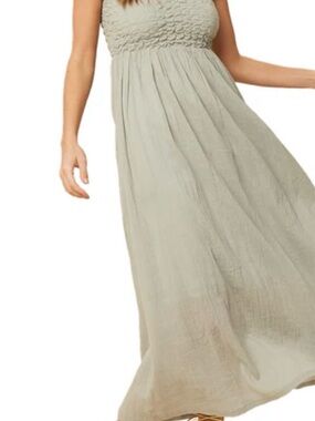 Boutique Smocked Linen-Texture Maxi Dress in slate blue